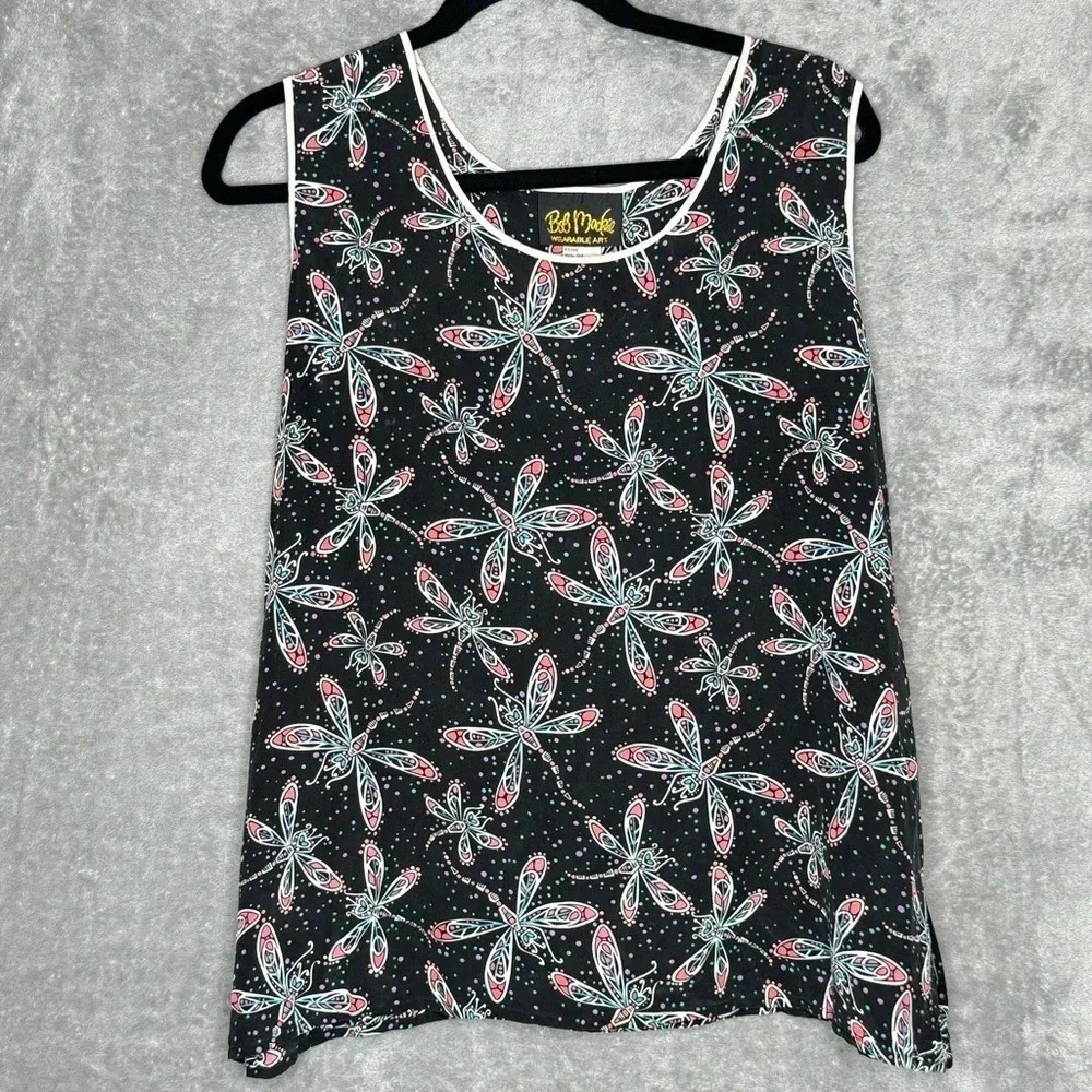 Bob Mackie Black Sleeveless Floral Motif Tank with Pink & White Accents